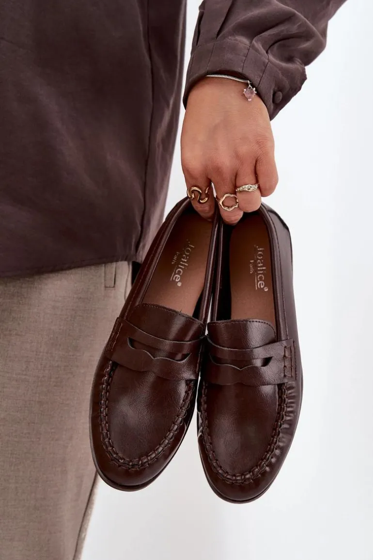 Półbuty Loafersy Damskie Z Eko Skóry Brązowe Lilith