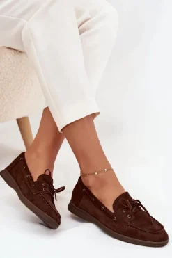 Półbuty Mokasyny Damskie Płaskie Z Wiązaniem Czekoladowe Zalina