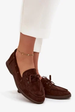 Półbuty Mokasyny Damskie Płaskie Z Wiązaniem Czekoladowe Zalina