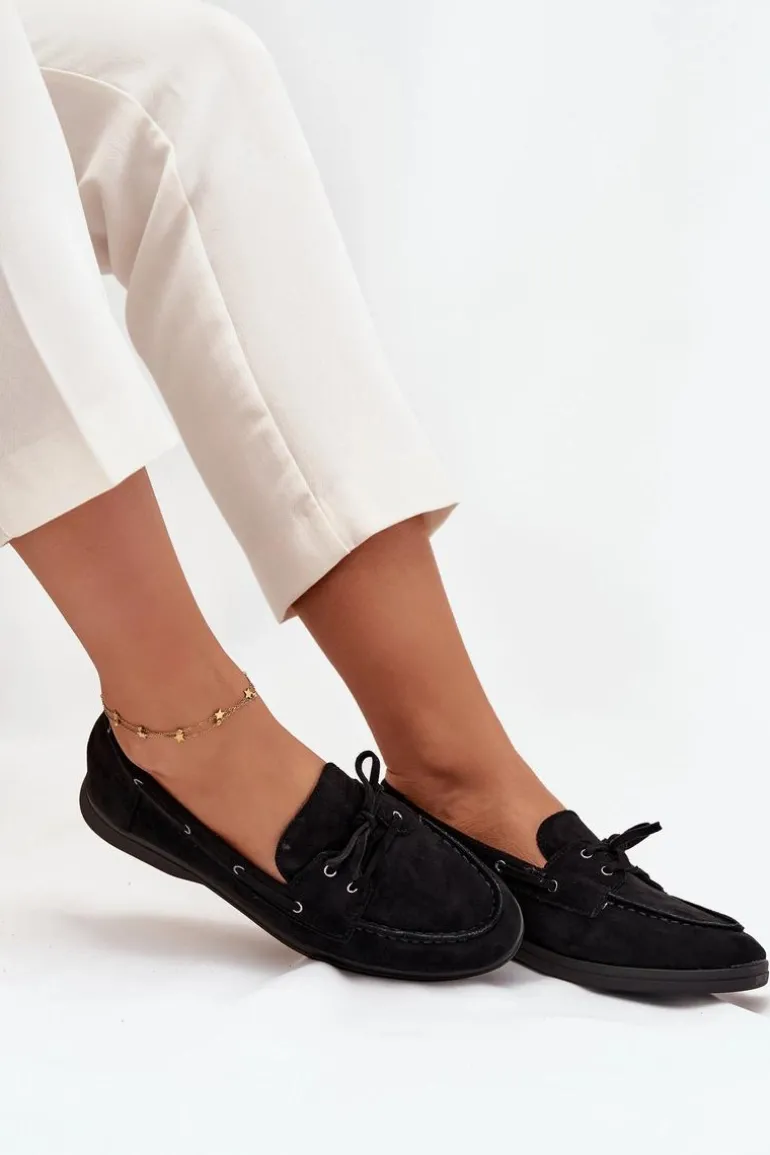 Półbuty Mokasyny Damskie Płaskie Z Wiązaniem Czarne Zalina