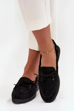 Półbuty Mokasyny Damskie Płaskie Z Wiązaniem Czarne Zalina