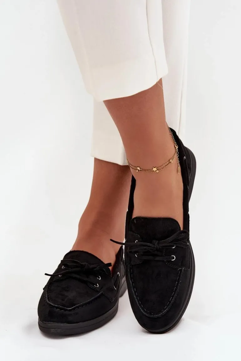 Półbuty Mokasyny Damskie Płaskie Z Wiązaniem Czarne Zalina