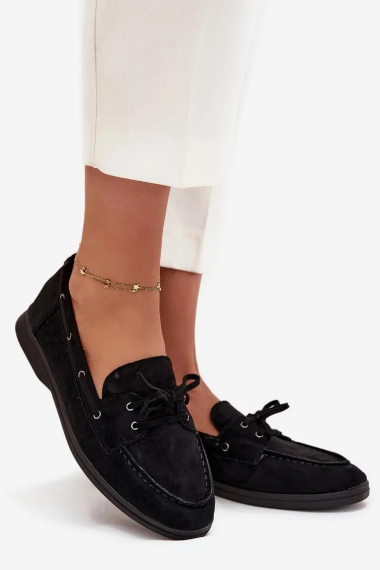 Półbuty Mokasyny Damskie Płaskie Z Wiązaniem Czarne Zalina