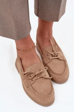 Półbuty Mokasyny Damskie Płaskie Z Wiązaniem Beżowe Zalina