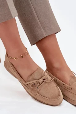 Półbuty Mokasyny Damskie Płaskie Z Wiązaniem Beżowe Zalina