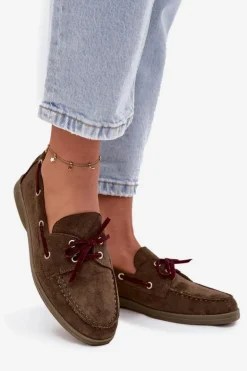 Półbuty Mokasyny Damskie Z Wiązaniem Ciemnozielone Calivra