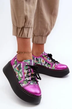Półbuty Sneakersy Skórzane Damskie Na Platformie Maciejka 06479-15 Fuksja