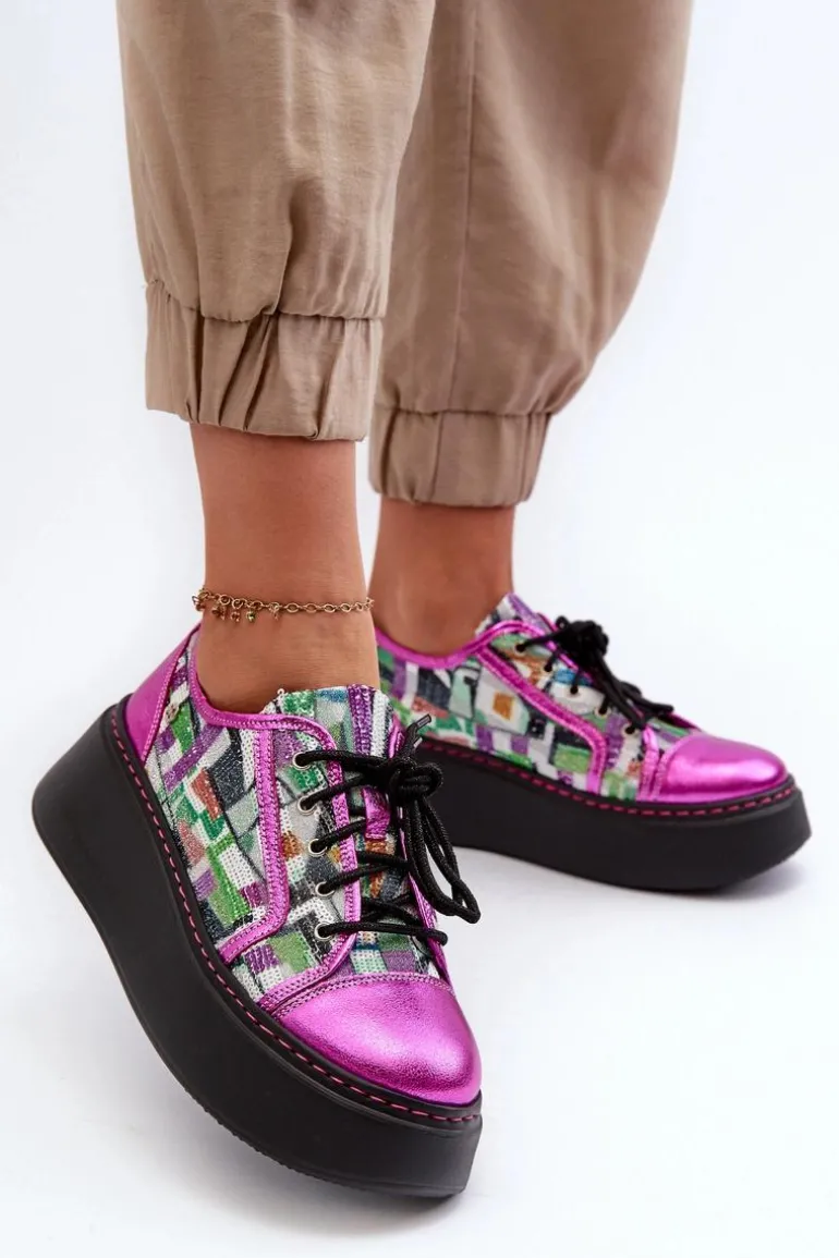 Półbuty Sneakersy Skórzane Damskie Na Platformie Maciejka 06479-15 Fuksja