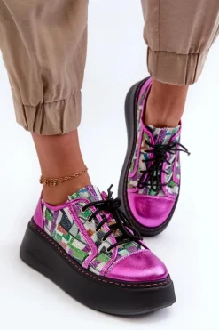 Półbuty Sneakersy Skórzane Damskie Na Platformie Maciejka 06479-15 Fuksja