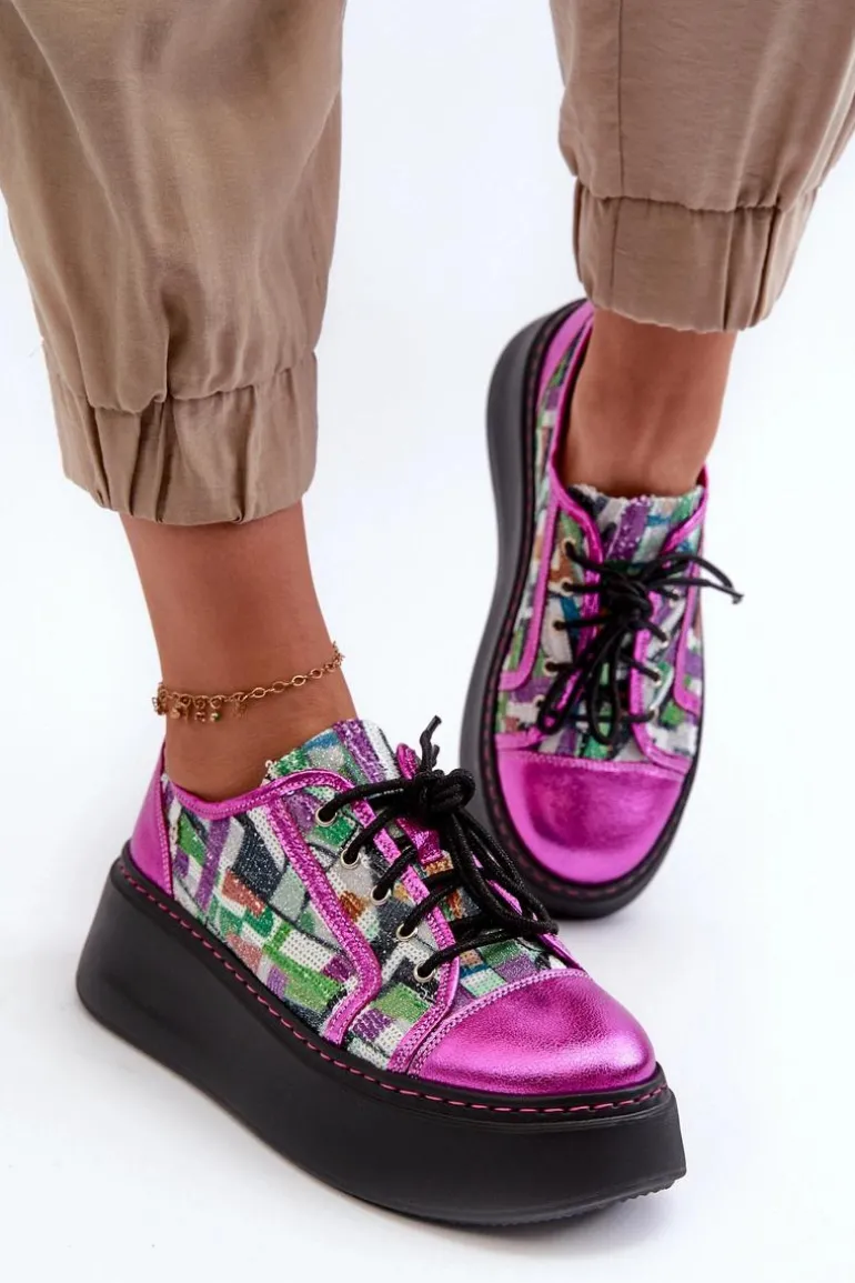 Półbuty Sneakersy Skórzane Damskie Na Platformie Maciejka 06479-15 Fuksja