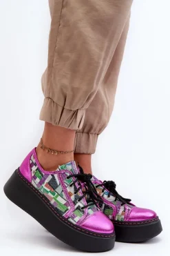 Półbuty Sneakersy Skórzane Damskie Na Platformie Maciejka 06479-15 Fuksja