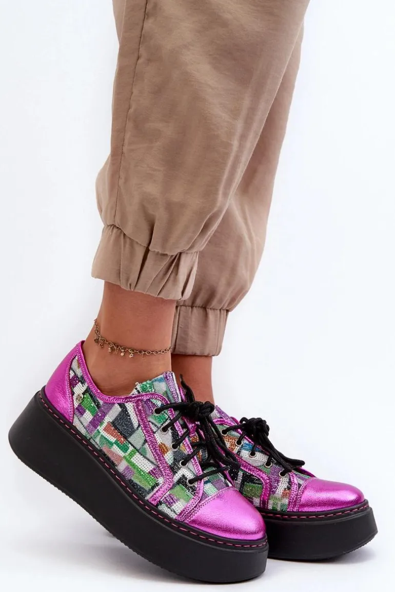 Półbuty Sneakersy Skórzane Damskie Na Platformie Maciejka 06479-15 Fuksja