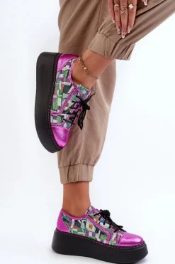 Półbuty Sneakersy Skórzane Damskie Na Platformie Maciejka 06479-15 Fuksja