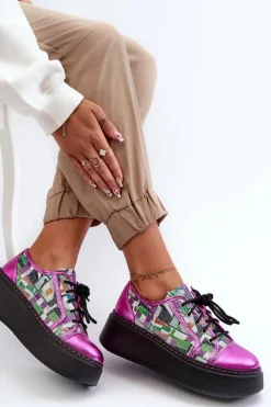 Półbuty Sneakersy Skórzane Damskie Na Platformie Maciejka 06479-15 Fuksja