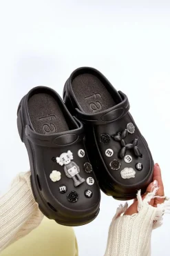 Piankowe Damskie Lekkie Klapki Na Masywnej Podeszwie Czarne Matirra