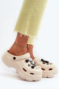 Piankowe Damskie Lekkie Klapki Na Masywnej Podeszwie Beżowe Matirra