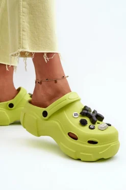 Piankowe Damskie Lekkie Klapki Na Masywnej Podeszwie Limonkowe Matirra