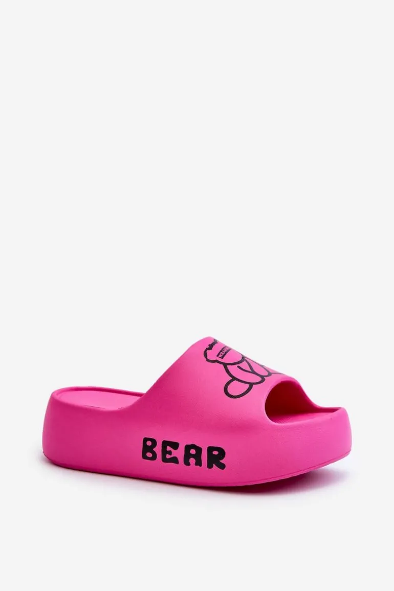 Piankowe Klapki Damskie Na Masywnej Podeszwie Z Misiem Fuksja Lamira