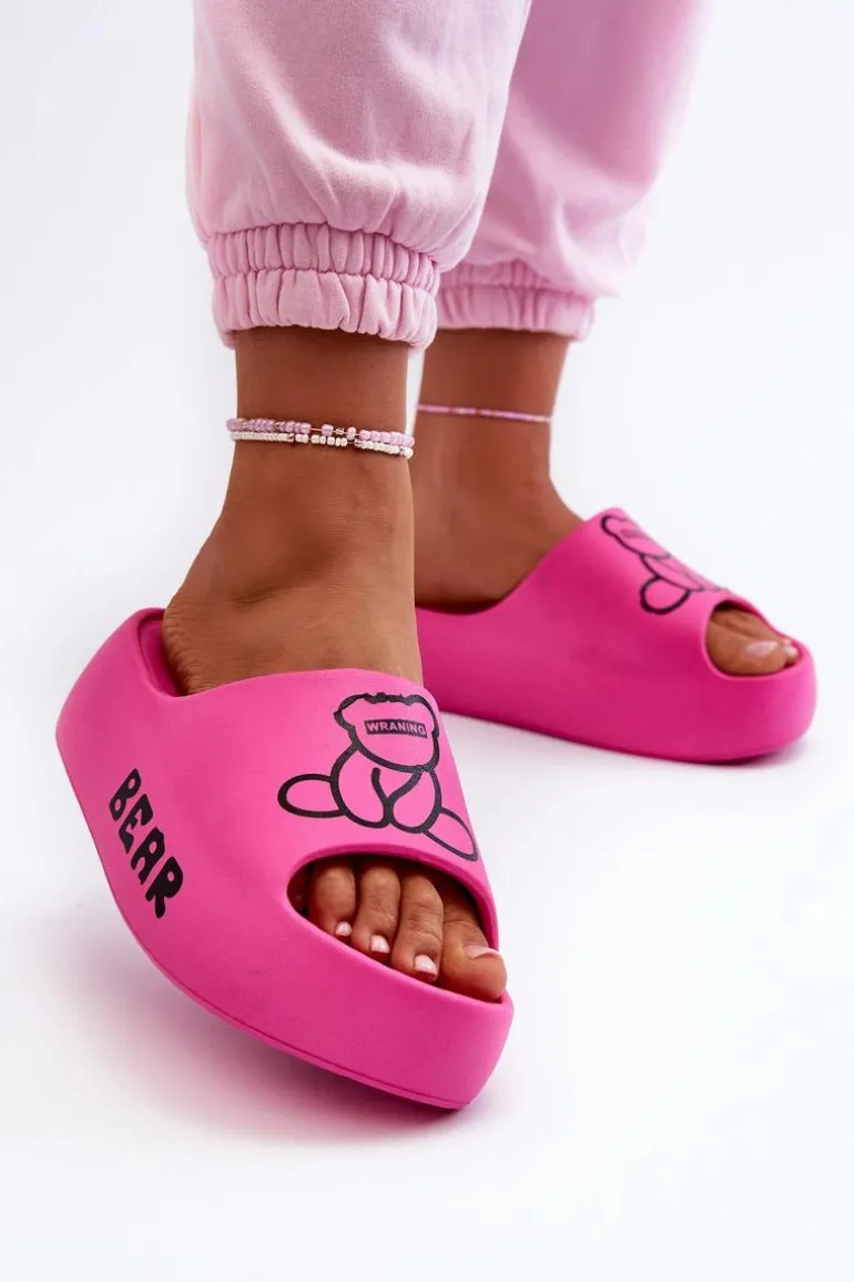 Piankowe Klapki Damskie Na Masywnej Podeszwie Z Misiem Fuksja Lamira