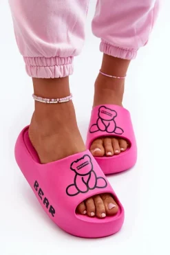 Piankowe Klapki Damskie Na Masywnej Podeszwie Z Misiem Fuksja Lamira