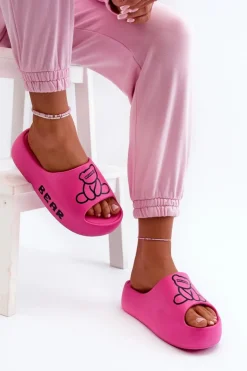 Piankowe Klapki Damskie Na Masywnej Podeszwie Z Misiem Fuksja Lamira