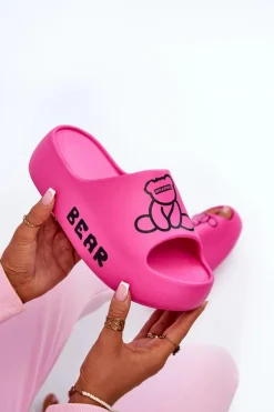 Piankowe Klapki Damskie Na Masywnej Podeszwie Z Misiem Fuksja Lamira