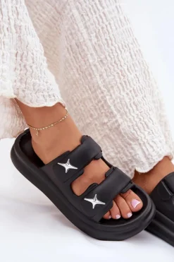 Piankowe Klapki Damskie Na Platformie Czarne Falowena