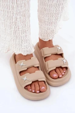 Piankowe Klapki Damskie Na Platformie Ciemnobeżowe Falowena