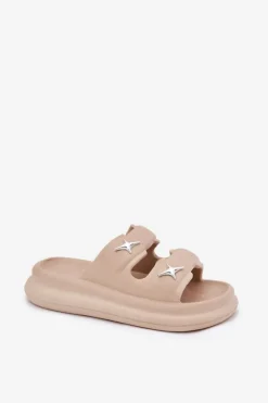 Piankowe Klapki Damskie Na Platformie Ciemnobeżowe Falowena