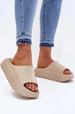Piankowe Klapki Damskie Na Platformie Beżowe Xalvania