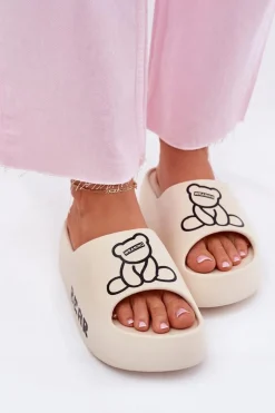 Piankowe Klapki Damskie Na Masywnej Podeszwie Z Misiem Jasnobeżowe Lamira