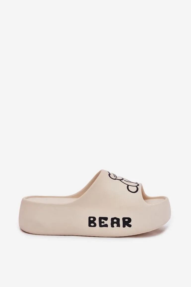 Piankowe Klapki Damskie Na Masywnej Podeszwie Z Misiem Jasnobeżowe Lamira