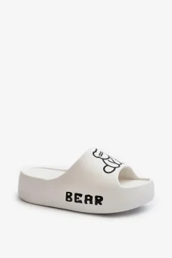 Piankowe Klapki Damskie Na Masywnej Podeszwie Z Misiem Białe Lamira