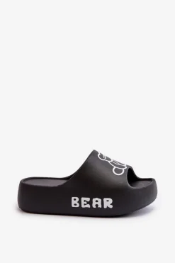 Piankowe Klapki Damskie Na Masywnej Podeszwie Z Misiem Czarne Lamira