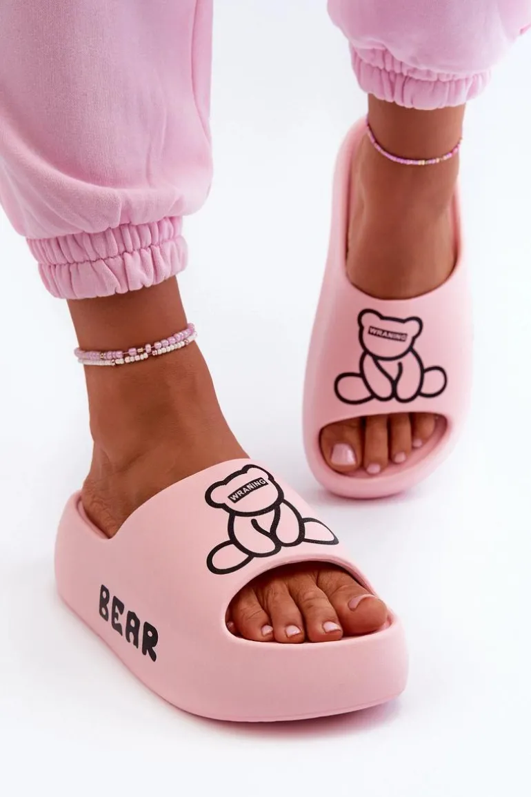Piankowe Klapki Damskie Na Masywnej Podeszwie Z Misiem Różowe Lamira