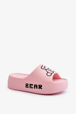 Piankowe Klapki Damskie Na Masywnej Podeszwie Z Misiem Różowe Lamira