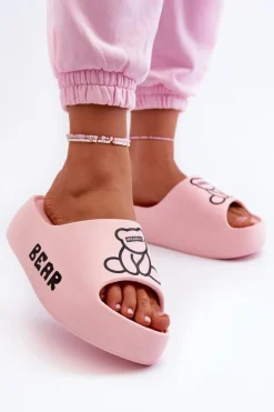 Piankowe Klapki Damskie Na Masywnej Podeszwie Z Misiem Różowe Lamira
