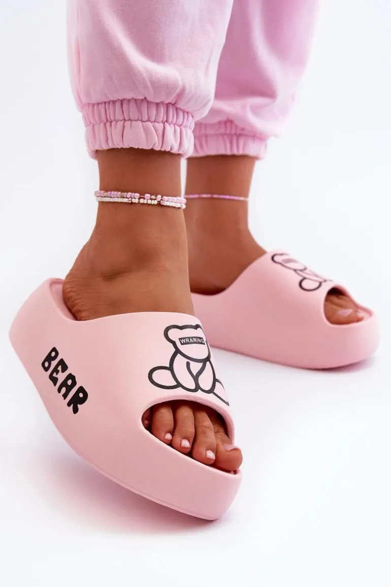 Piankowe Klapki Damskie Na Masywnej Podeszwie Z Misiem Różowe Lamira