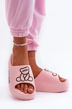 Piankowe Klapki Damskie Na Masywnej Podeszwie Z Misiem Różowe Lamira