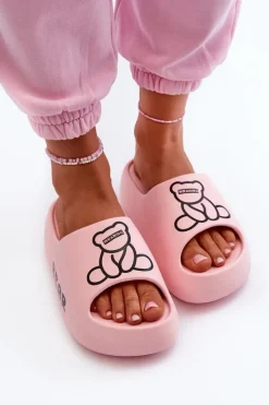 Piankowe Klapki Damskie Na Masywnej Podeszwie Z Misiem Różowe Lamira