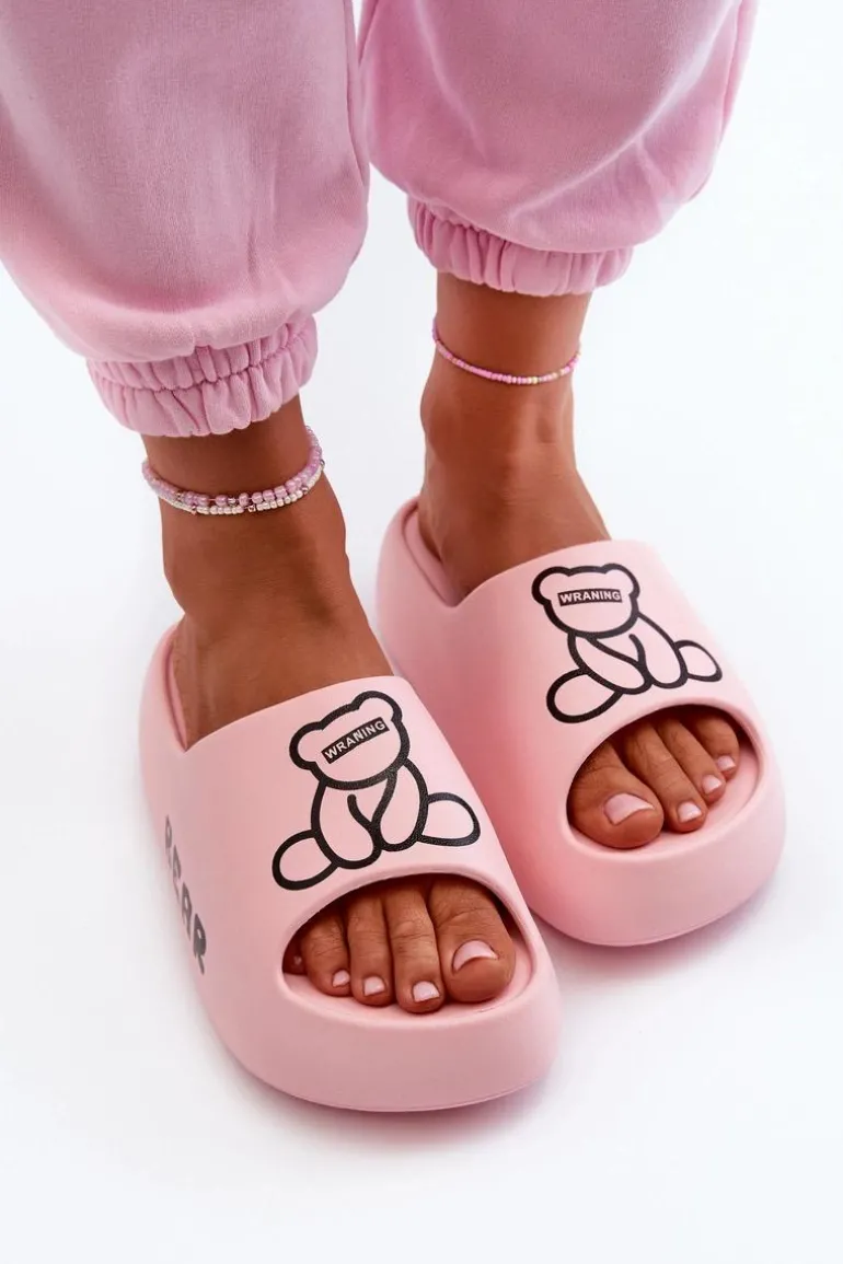 Piankowe Klapki Damskie Na Masywnej Podeszwie Z Misiem Różowe Lamira