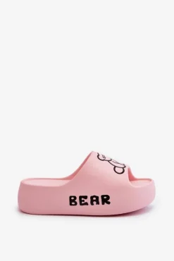 Piankowe Klapki Damskie Na Masywnej Podeszwie Z Misiem Różowe Lamira