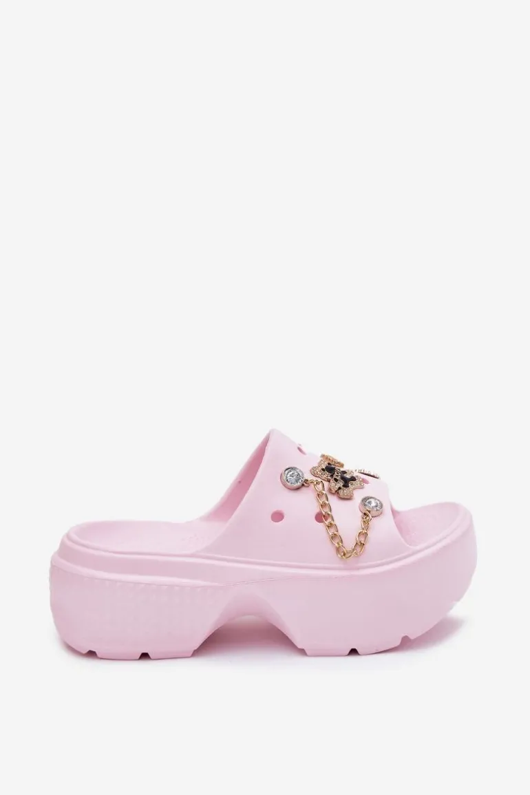 Piankowe Klapki Damskie Na Masywnej Platformie Ze Złotymi Przypinkami Różowe Ivoriel