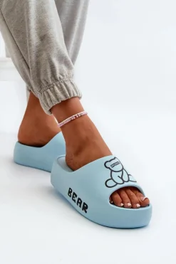 Piankowe Klapki Damskie Na Masywnej Podeszwie Z Misiem Niebieskie Lamira