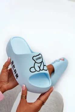 Piankowe Klapki Damskie Na Masywnej Podeszwie Z Misiem Niebieskie Lamira