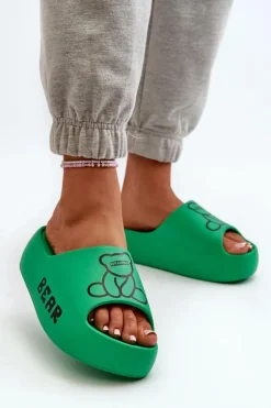 Piankowe Klapki Damskie Na Masywnej Podeszwie Z Misiem Zielone Lamira