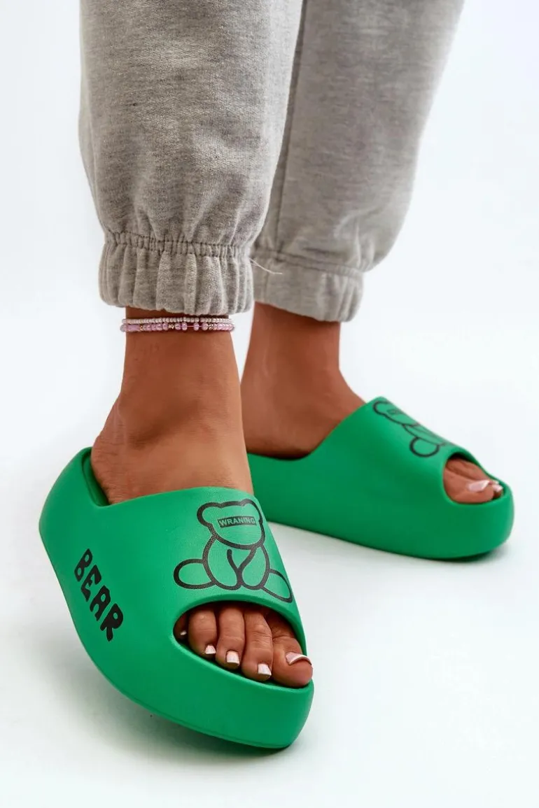 Piankowe Klapki Damskie Na Masywnej Podeszwie Z Misiem Zielone Lamira