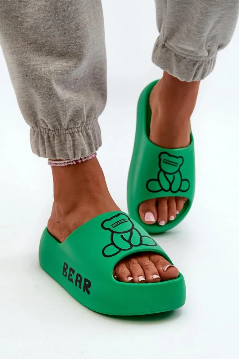 Piankowe Klapki Damskie Na Masywnej Podeszwie Z Misiem Zielone Lamira
