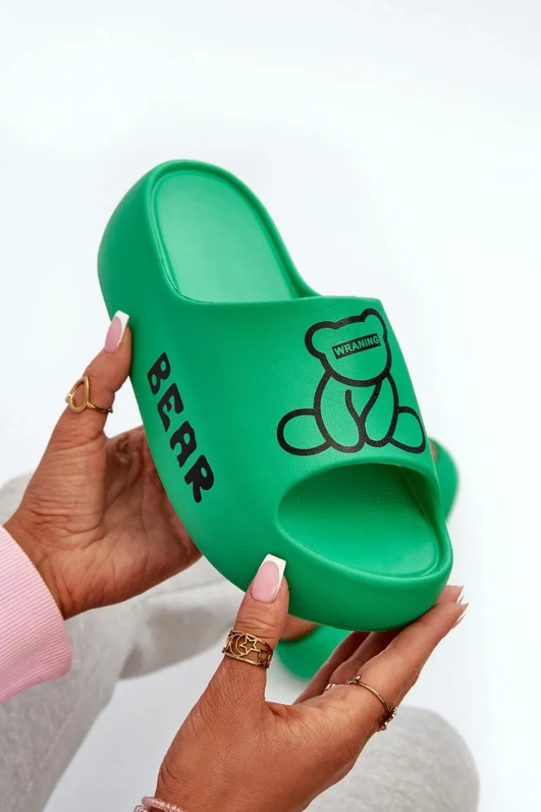 Piankowe Klapki Damskie Na Masywnej Podeszwie Z Misiem Zielone Lamira
