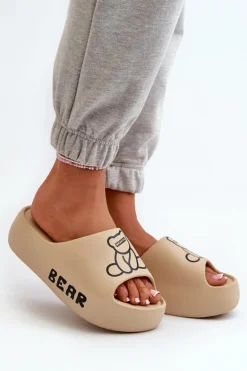 Piankowe Klapki Damskie Na Masywnej Podeszwie Z Misiem Ciemnobeżowe Lamira